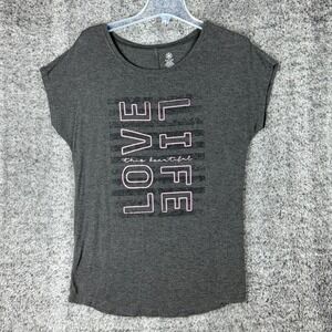 Gaiam Women's Size S Love Life Graphic Yoga Tee Charcoal Grey Heathered Casual